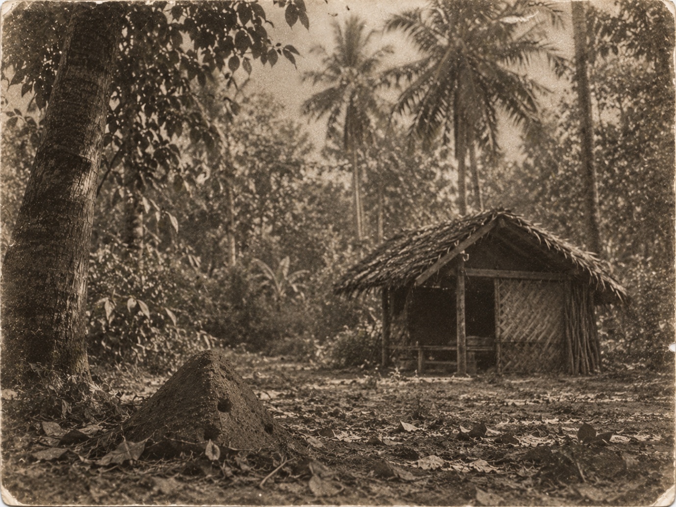 A sepia photograph from the 1930s of the shrine among coconut palms, with an anthill in the foreground